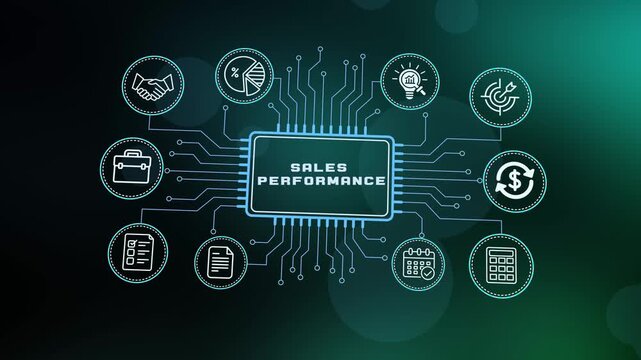 Sales performance and business analytics concept with digital growth icons and futuristic interface for revenue tracking and commercial success.