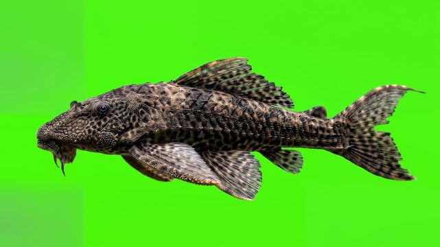 Detailed close-up of an exotic pleco fish swimming on a green screen background.