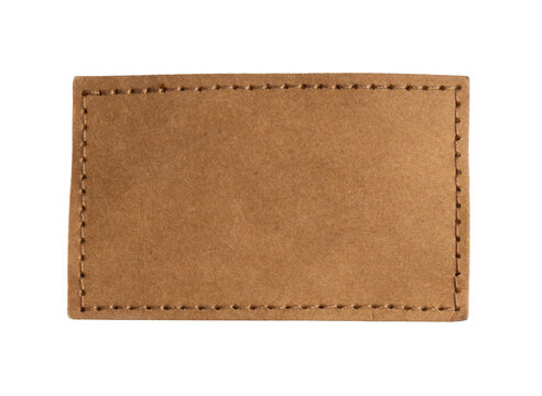Blank Brown Leather Label Patch With Stitched Border for Clothing Branding on a white background