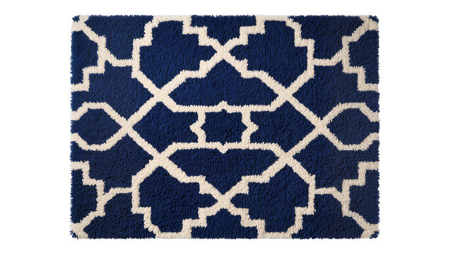 Isolated fluffy blue and white geometric pattern rug for cozy home interior decoration