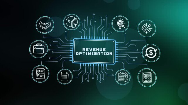  Revenue optimization business concept with digital data icons and motherboard interface for financial growth and profit maximization strategies.
