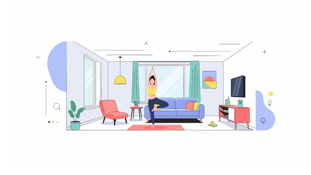 Serenity at Home: A woman practices yoga indoors, demonstrating balance and mindfulness within a well-lit living space.  