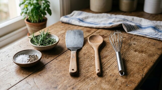 Wooden tabletop culinary still life