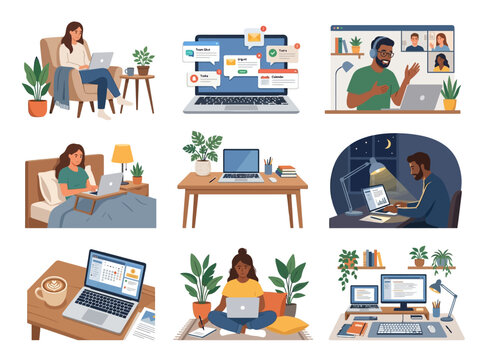 People Working from Home on Laptops in Cozy Rooms and Video Meeting Scenes