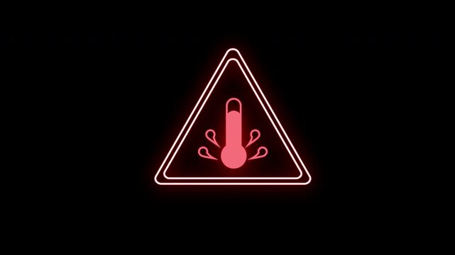 Neon warning icon animation, hot temperature warning neon line, hot temperature risk warning signal animation icon.