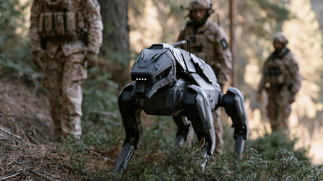 Rugged quadruped robot dog advancing through dense woodland terrain beside two soldiers in tactical gear, reconnaissance mission, military robotics, autonomous defense technology,