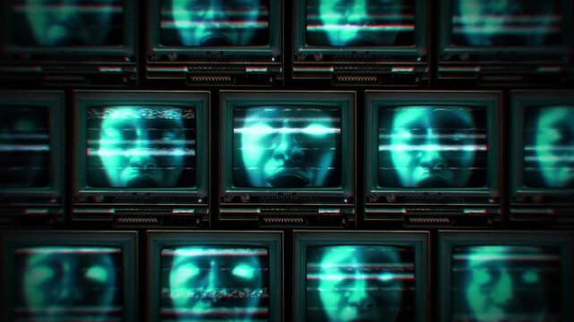 A looping background of stacked retro televisions with distorted glitch and interference noise featuring strange scary faces.
