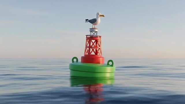 Cartoon seagull atop a red and green buoy bobbing in serene blue ocean waters
