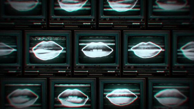 A looping background of stacked retro televisions with distorted glitch and interference noise featuring stop motion mouths.

