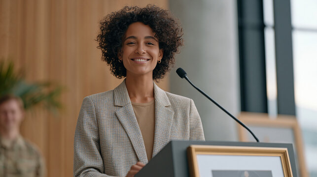 Military spouse in business attire accepts a job award at a corporate ceremony, her spouse visible in uniform via a framed photo on the podium, the moment capturing resilience,
