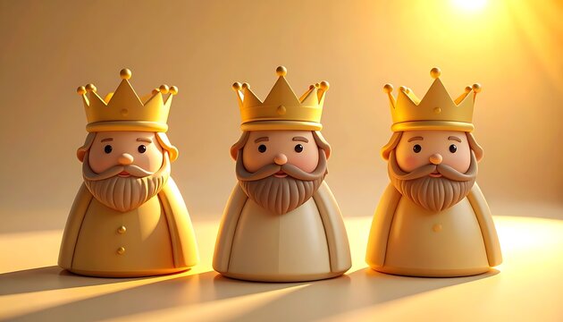 Three cartoon kings wearing golden crowns, facing forward with beards and soft lighting, representing Christmas or religious themes
