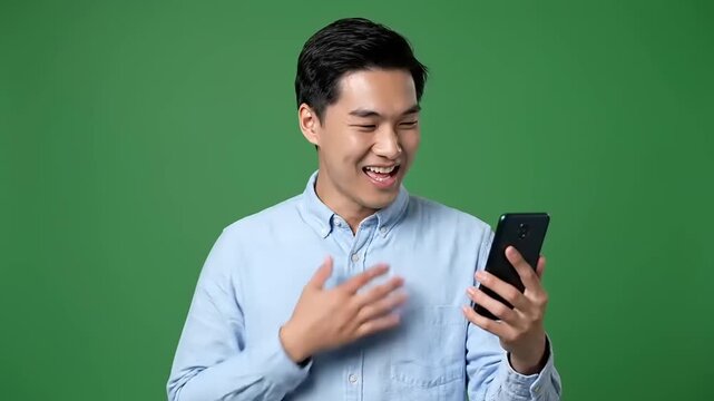 Man happily using a mobile phone on a green screen background