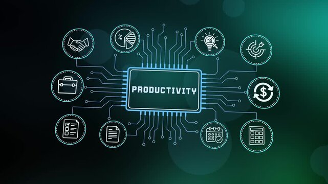  Business productivity concept on digital circuit board with icons representing workflow efficiency, performance optimization and tech solutions.
