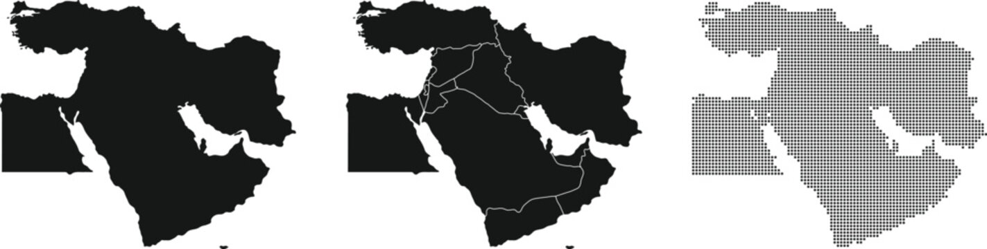 Middle East map set. Halftone dotted map. Vector Illustration.