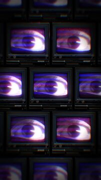 A looping background of stacked retro televisions with distorted glitch and interference noise featuring blinking eyes.
