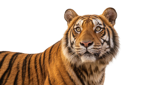 Isolated majestic tiger looking straight ahead, powerful wild cat with striking fur and intense golden eyes