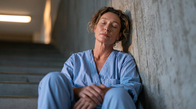 Exhausted hospice nurse sitting alone in an empty hospital stairwell, head tilted back against the concrete wall, compassion fatigue recovery moment during a shift break,