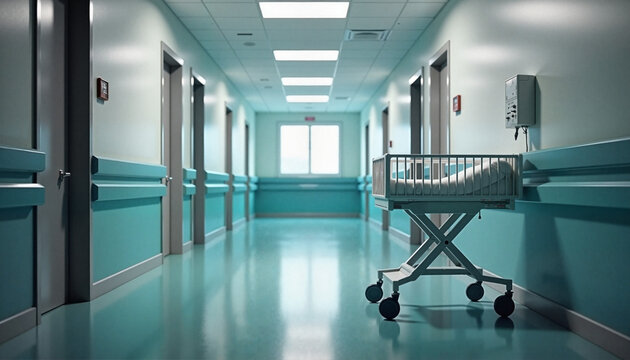 Problems of abandoning children in maternity hospitals, empty baby crib in sterile medical corridor with copy space