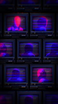 A looping background of stacked retro televisions with distorted glitch and interference noise featuring spinning faceless hooded figures.
