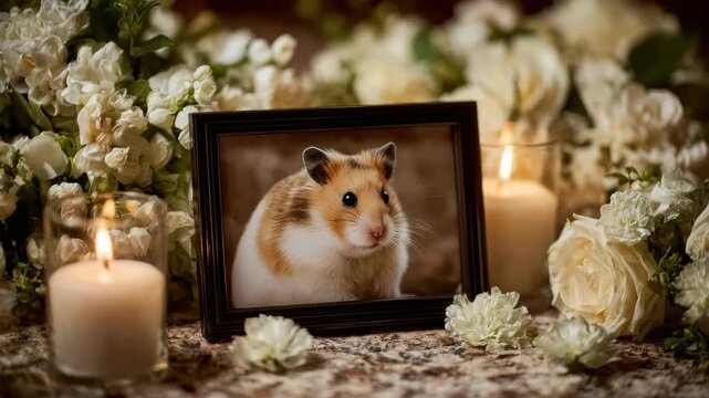 altar decorated with flowers and photo of a hamster animation