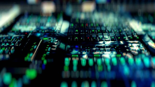 Macro shot of server rack with blinking lights in data center.