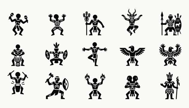 Tribal silhouette icons set featuring indigenous warriors and dancers for cultural branding
