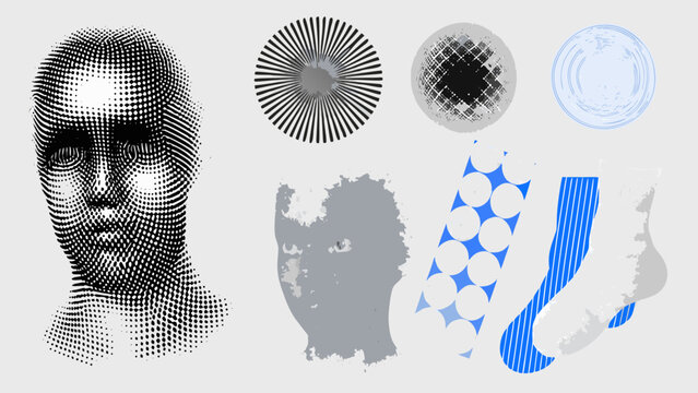 Halftone patterned face and abstract shapes collection digital distortion effects on a light gray background high quality professional