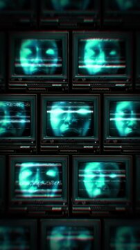 A looping background of stacked retro televisions with distorted glitch and interference noise featuring strange scary faces.
