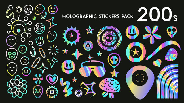 holographic stickers pack a vibrant collection of y2k inspired vector illustrations on black high quality professional detailed modern