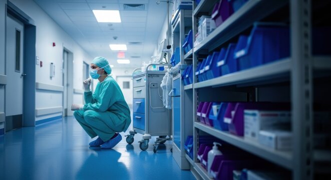 Healthcare worker in blue scrubs organizing medical supplies on shelves in a hospital storage room.