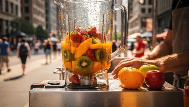 Vibrant fresh juice blending at a mobile downtown stand sharp fruit and blender detail sharp against softly hazy urban background with walking crowd.