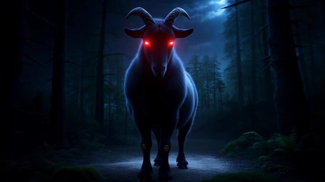 Large black goat with glowing red eyes standing like a man in moonlit forest. Satanic demonic presence at Walpurgis sabbath.