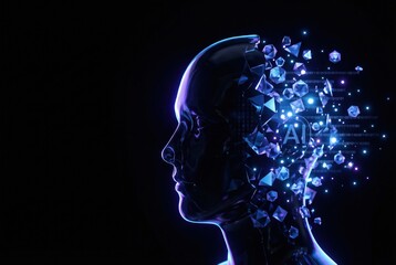 Obraz premium A human head with glowing blue circuits and data particles emanating from it symbolizes AI collaboration.