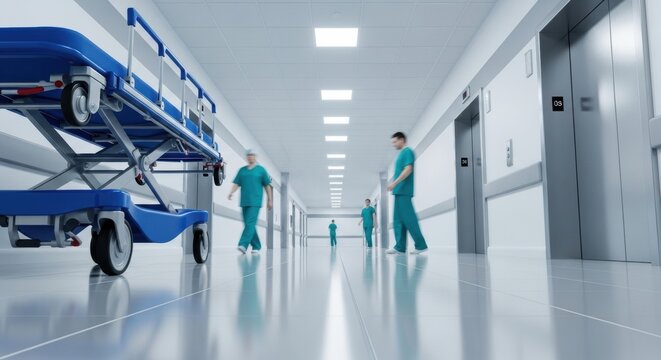 Low angle view of an empty medical stretcher parked in a pristine, reflective hospital corridor with staff in the distance.