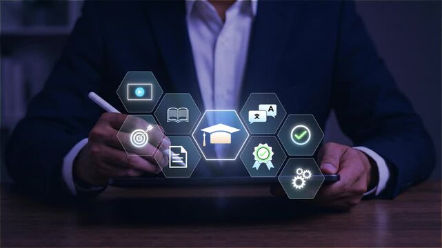 AI Powered E-Learning and Digital Certification with education technology, professional accessing secure eLearning platform for accredited course assessment and verified credential development