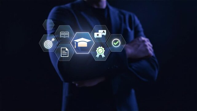 AI Powered E-Learning and Digital Certification with education technology, professional accessing secure eLearning platform for accredited course assessment and verified credential development