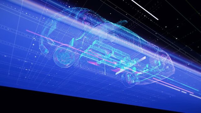 Futuristic electric vehicle chassis with visible holographic EV battery pack cell, camera rotating underneath driving autonomous car, abstract digital wireframe automobile engineering technology, 4k 