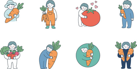 Fototapeta premium Set of cute hand drawn characters hugging giant vegetables for healthy eating education and organic vegan lifestyle concepts