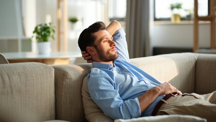Fototapeta premium A man lies on a couch, holding his stomach in apparent pain, in a modern living room setting.