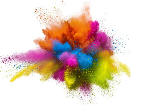 Isolated colorful powder explosion with vibrant pigments bursting in dynamic motion