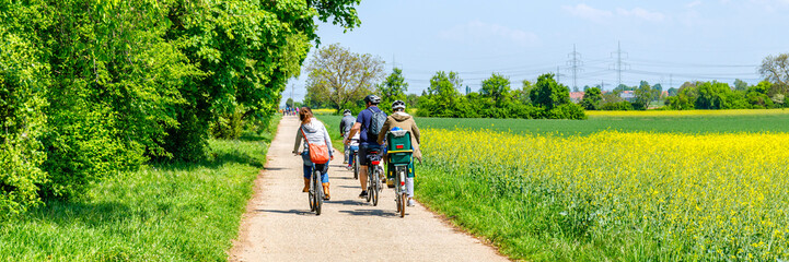 Obraz premium Group of friends riding bicycles on a path beside a green field on a sunny day in spring