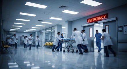 Fototapeta premium Hospital emergency room staff frantically pushing a patient on a stretcher down a brightly lit, busy medical facility hallway.