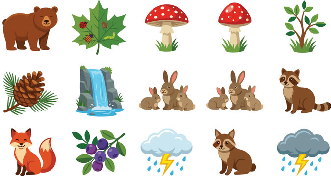 Forest Animals and Nature Illustration Set with Bear Fox Rabbit Raccoon Mushroom Waterfall Berry Cloud and Thunder for Wildlife and Woodland Design