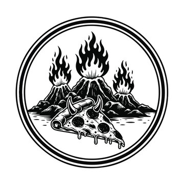 Cow skull with horns and volcanoes.