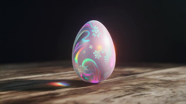 Glowing Iridescent Glass Easter Egg with Floral Patterns on Wooden Surface, Cinematic Full HD Motion Background Loop