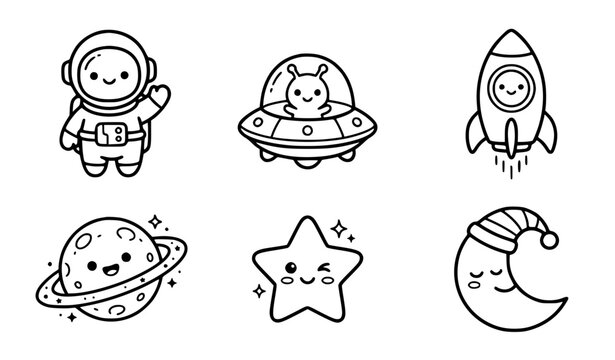 Cute cartoon space characters vector illustration set bold black and white outline for KDP coloring book and stickers of astronaut alien and rocket