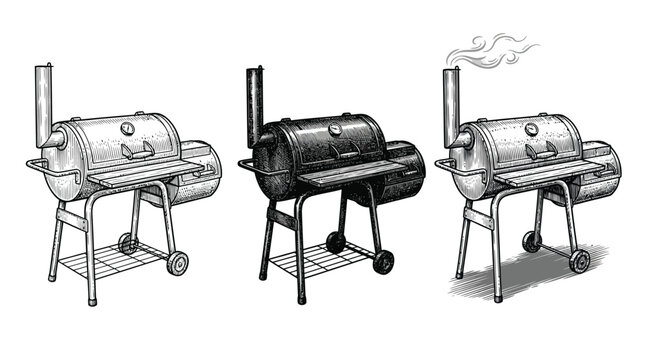 set of bbq grill , barbecue smoker equipment vector illustration, outdoor cooking and grilling
