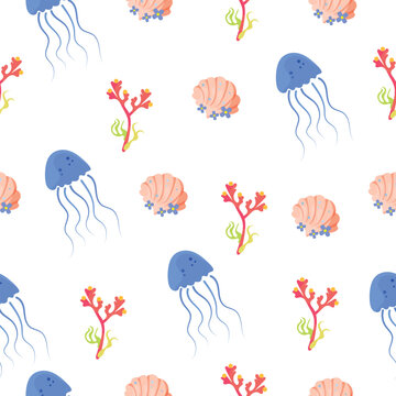Seamless ocean pattern with jellyfish coral and seashells