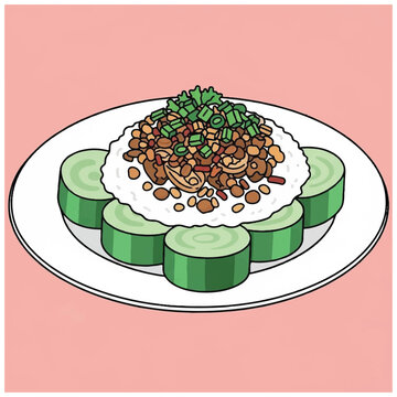 Delicious food on a plate with cucumber.