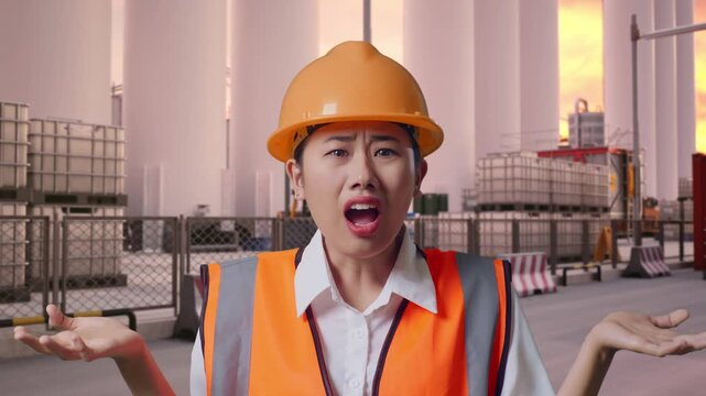 Close Up Of Wondering Asian Female Engineer With Safety Helmet Saying Why Working Doubtfully at Storage Facility with IBC Totes, Large Silos at Sunset